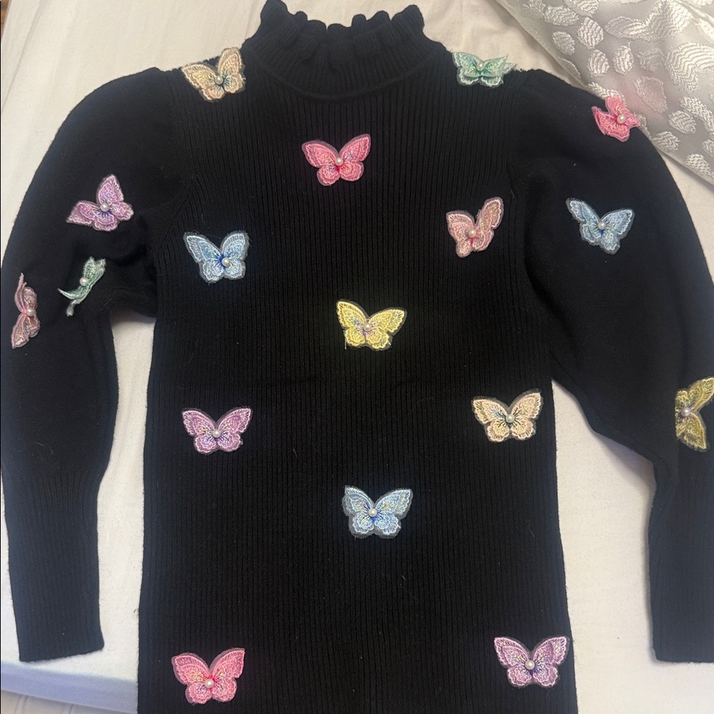 Lola + The Boys Black Knit Turtleneck with Pastel Butterfly Appliqués